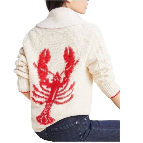 Anthropologie Lobster intarsia Cardigan Sweater Nautical Coastal Nantucket - Picture 2 of 12